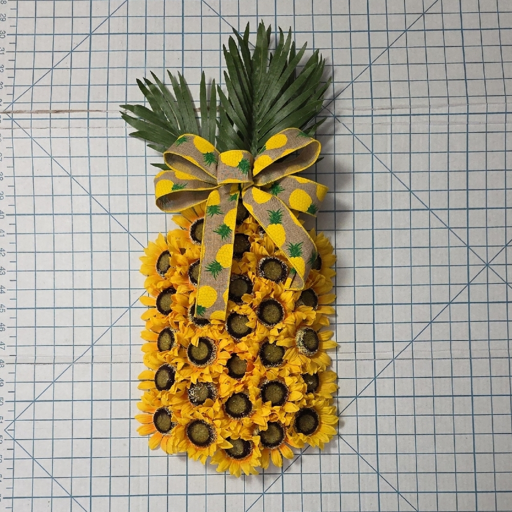 Hand Crafted Yellow Sunflower Pineapple Wreath, Wall Decor, 23"x11"